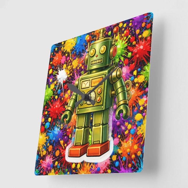 Reloj Cuadrado Retro robot colour burst square wall (Ángulo)
