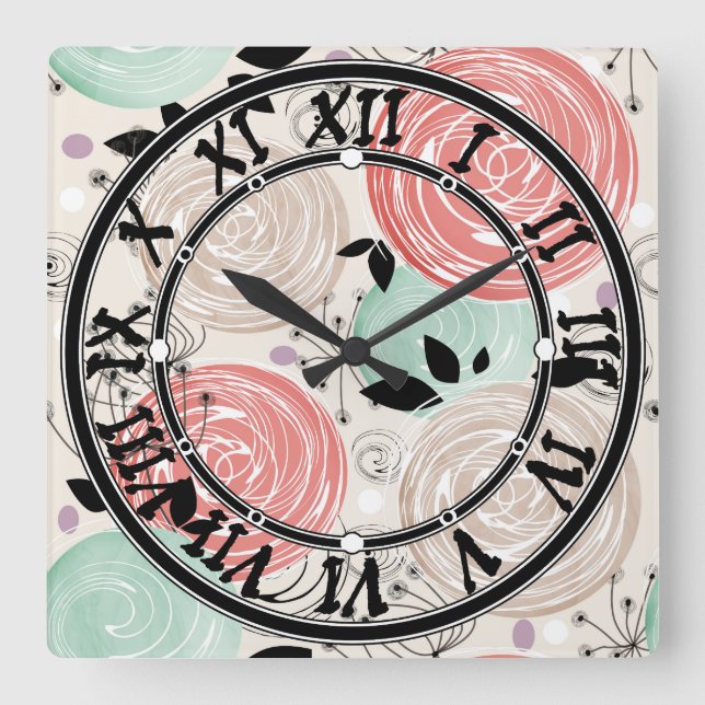 Reloj Cuadrado Retro, rosas (Anverso)