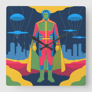 Reloj Cuadrado Retro Sci-Fi Hero Over Cityscape