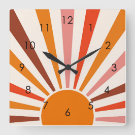 Reloj Cuadrado Retro Sun Rays Naranja de la puesta de sol rojo am