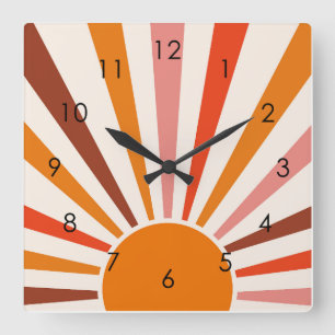 Reloj Cuadrado Retro Sun Rays Naranja de la puesta de sol rojo am