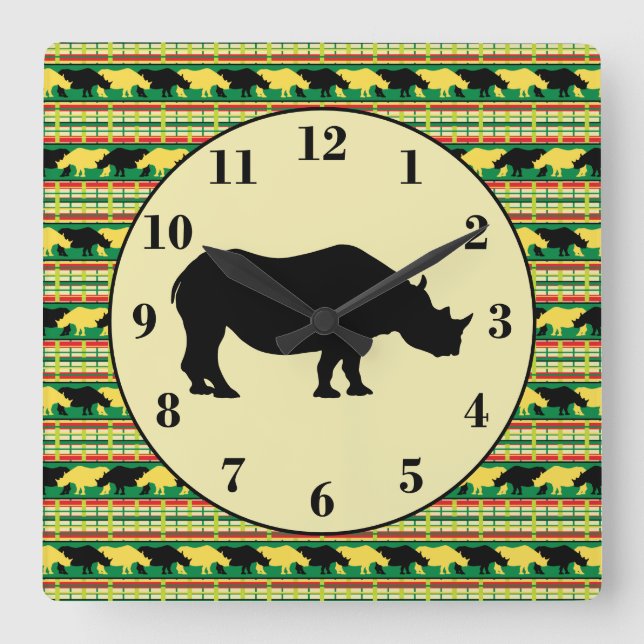Reloj Cuadrado Rhinoceros Safari Tejido Patrón y Silhouette (Anverso)