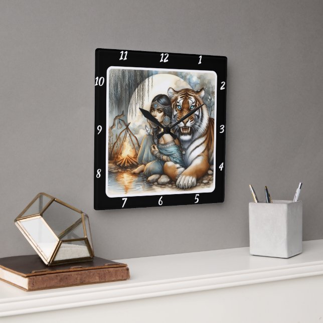 Reloj Cuadrado Ritmo nativo: El rostro de un tigre bailando (Oficina)