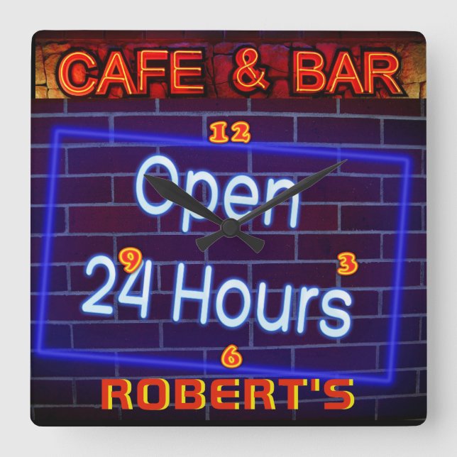 Reloj Cuadrado ROBERT - Nombre Neon Rótulo Bar Mancave Den Clock  (Anverso)