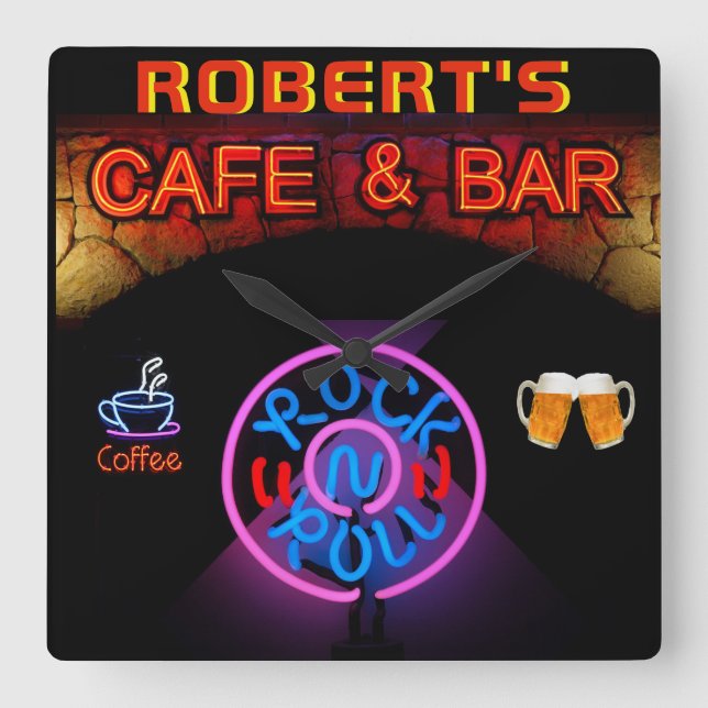 Reloj Cuadrado ROBERT - Nombre Neon Rótulo Bar Mancave Den Clock  (Anverso)