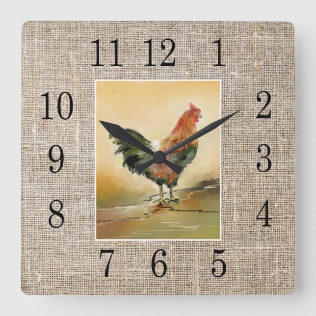 Reloj Cuadrado Robo de gallos rústicos (Anverso)