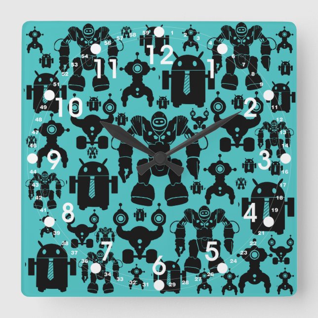 Reloj Cuadrado Robots Rule Fun Robot Silhouettes Pattern Blue (Anverso)