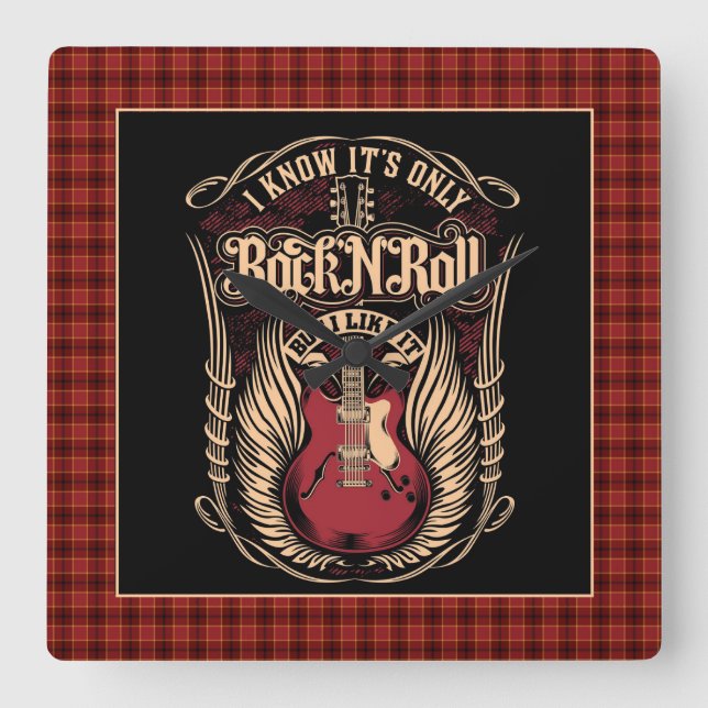 Reloj Cuadrado Rock and Roll Quote with Guitar (Anverso)