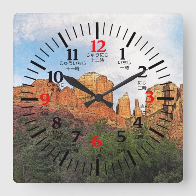 Reloj Cuadrado Rock Catedral Sedona Arizona en japonés/inglés (Anverso)