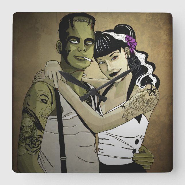 Reloj Cuadrado Rockabilly Frank y Bride (Anverso)