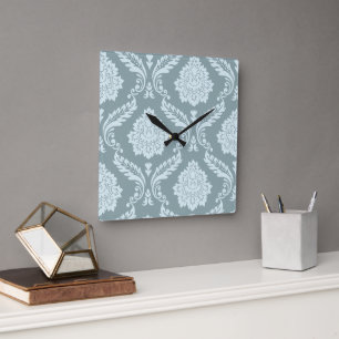Reloj Cuadrado Rococo Damask Patrón Desplazado Azul Huevo de Pato