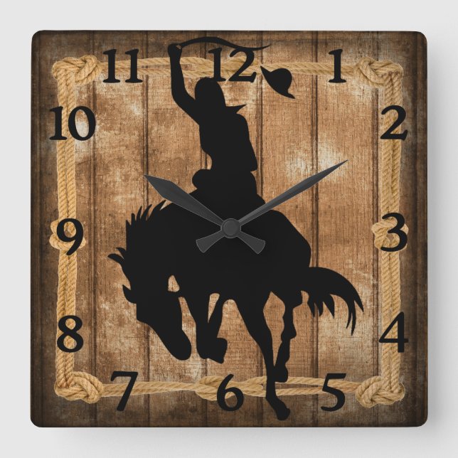 Reloj Cuadrado Rodeo Cowboy Horse Bronco Silhouette (Anverso)
