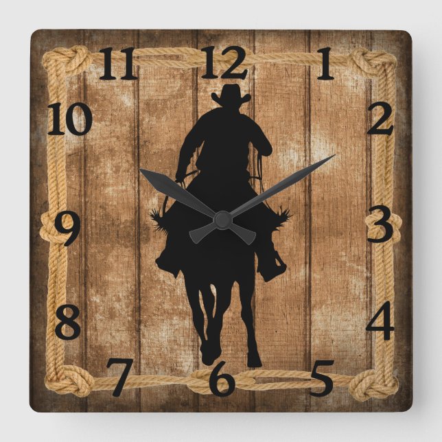 Reloj Cuadrado Rodeo Roping Cowboy Horse Silhouette (Anverso)