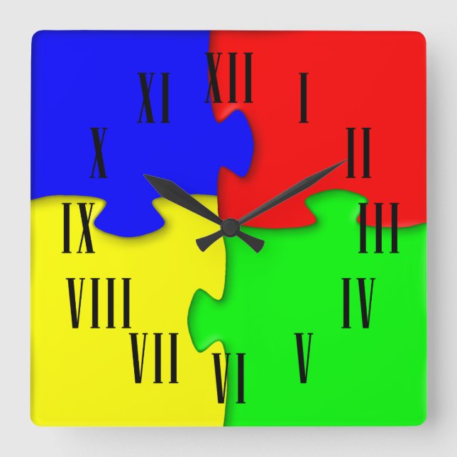 Reloj Cuadrado Rojo Azul Verde Amarillo Piezas de jigvia Números  (Anverso)