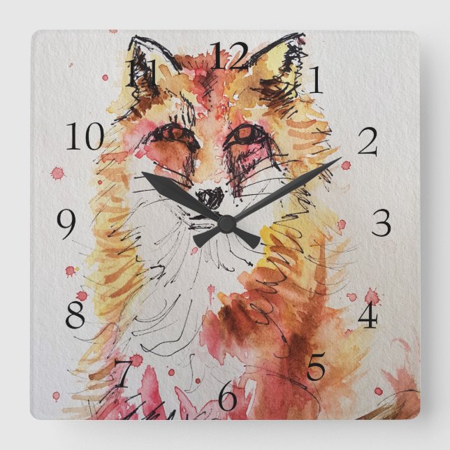 Reloj Cuadrado Rojo Fox Cutte Art Whimsical Woodland Animal (Anverso)