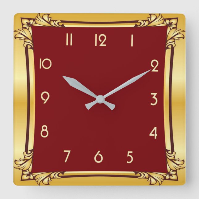 Reloj Cuadrado Rojo y oro decorativos (Anverso)
