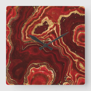 Reloj Cuadrado Rojo y oro Marble líquido Resumen