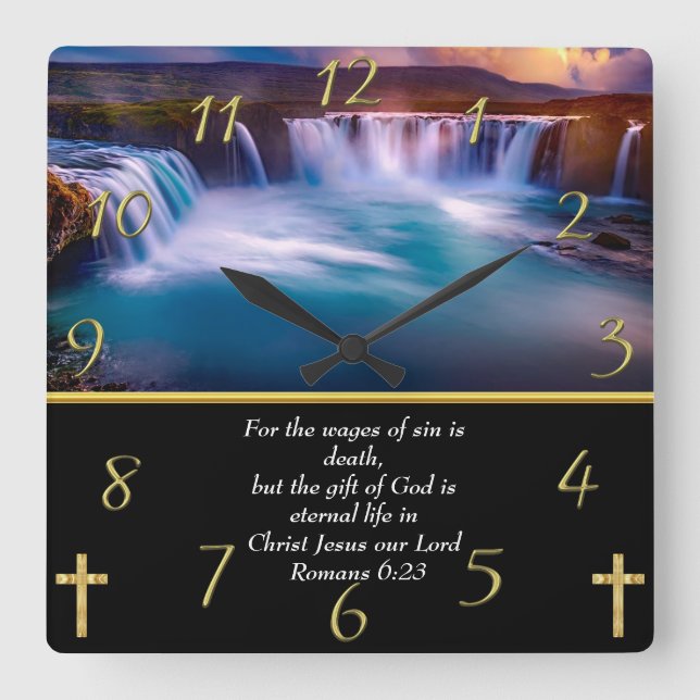 Reloj Cuadrado Romanos 6:23 Fe cristiana una cascada (Anverso)
