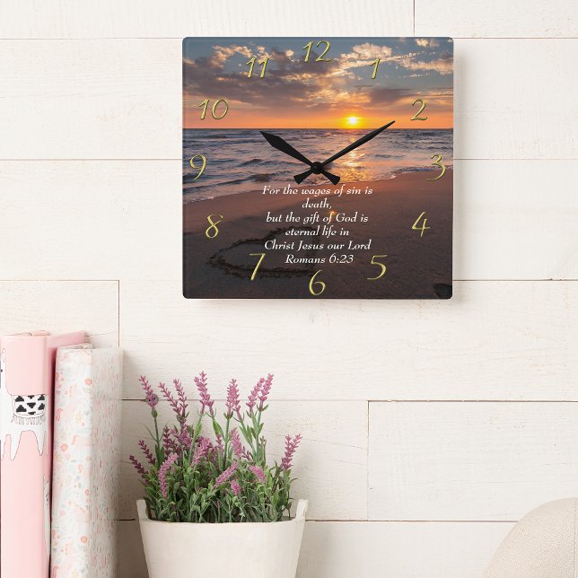 Reloj Cuadrado Romanos 6:23 Fiesta Cristiana océano con puesta de (Subido por el creador)