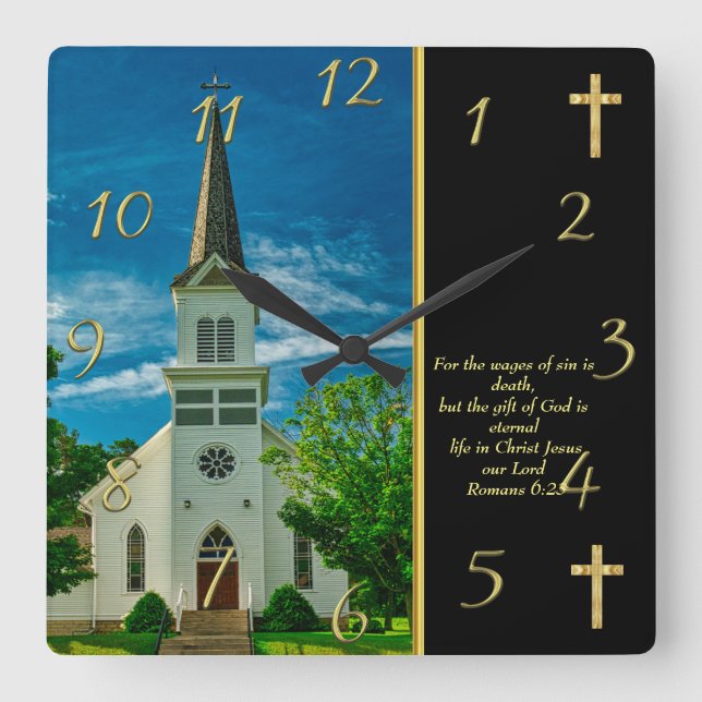 Reloj Cuadrado Romanos 6:23 Iglesia Blanca (Anverso)