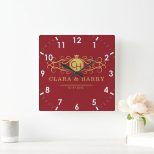Reloj Cuadrado Romantic red gold elegant monogramme wedding 