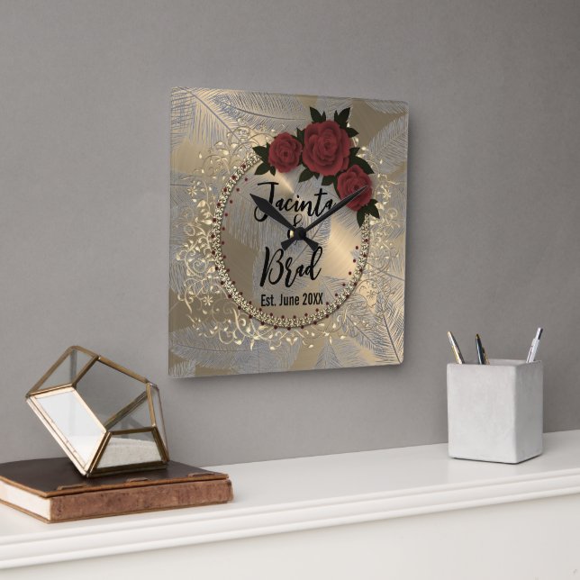 Reloj Cuadrado Romantic Rose Wreath Feather Wedding    (Oficina)