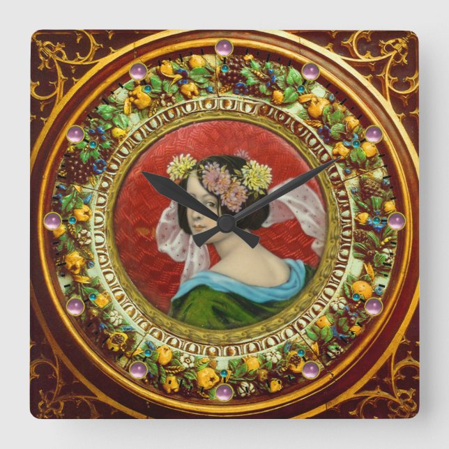 RELOJ CUADRADO ROMANTIC WOMAN WITH FLOWERS VINTAGE ENAMEL (Anverso)