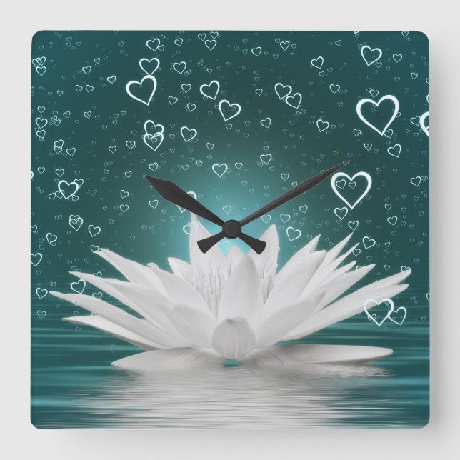 Reloj Cuadrado Romántico Lotus Flower Hearts Zen Yoga Water Lily (Anverso)