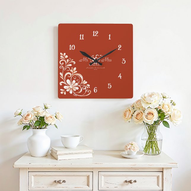 Reloj Cuadrado Romántico Red Rust Mr & Mrs Boda Wall Clock (Subido por el creador)