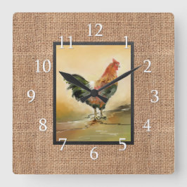 Reloj Cuadrado Rooster De País En Burlap Rústico