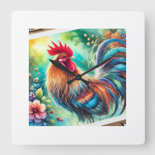 Reloj Cuadrado Rooster in Morning Light 010924AREF133 - Watercolo