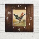 Reloj Cuadrado Rooster rústico de madera oscura<br><div class="desc">Reloj de gallo de cocina de granja con fondo rústico de textura de madera.</div>