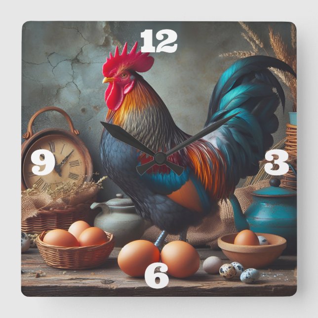 Reloj Cuadrado Rooster y huevos (Anverso)