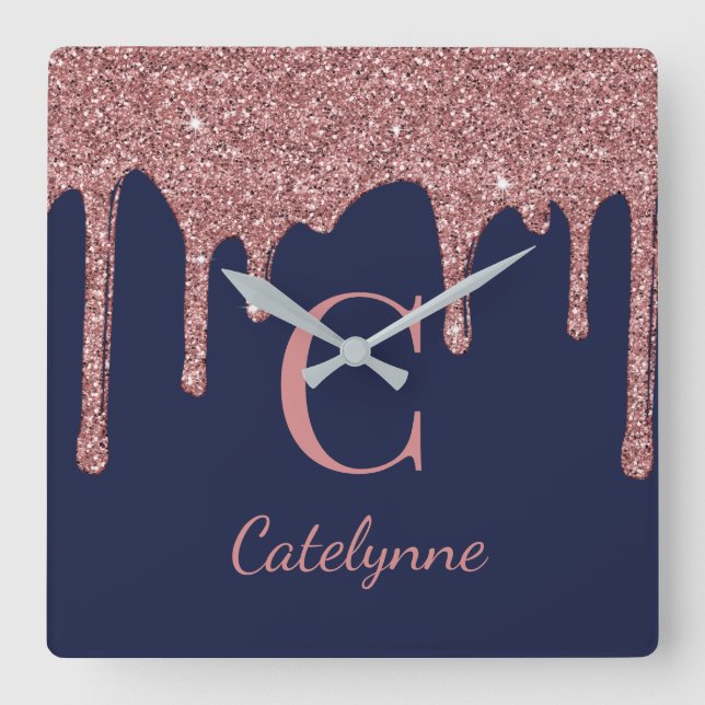 Reloj Cuadrado Rosa azul de la marina Perfora Purpurina dorada Mo (Anverso)