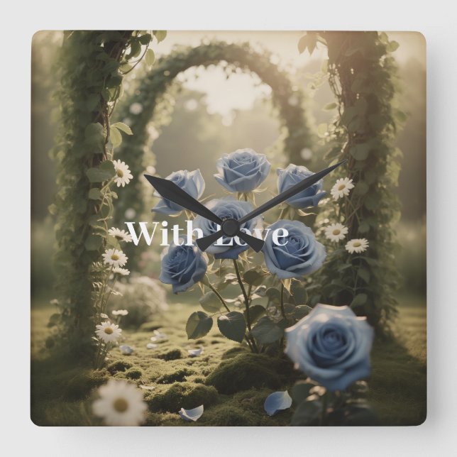 Reloj Cuadrado Rosa Azul Mística Regalo Floral Atemporal (Anverso)