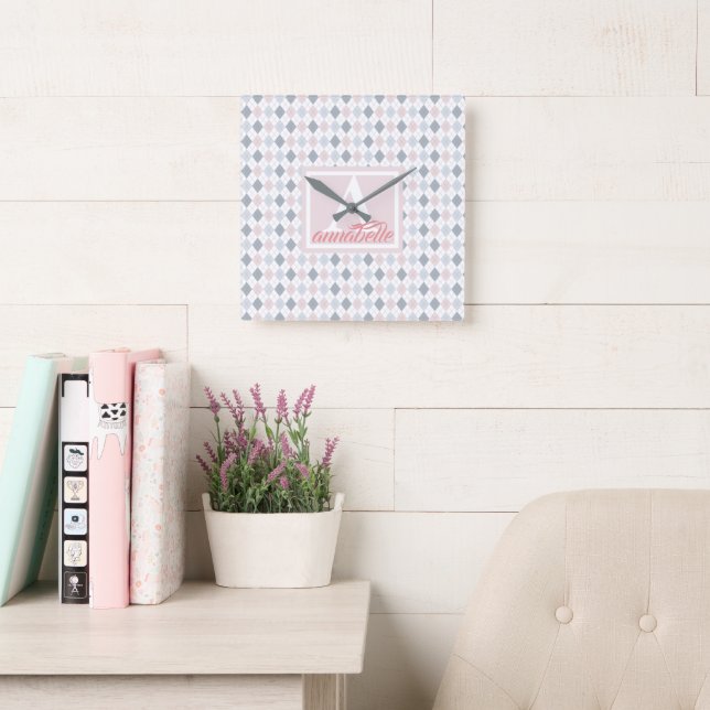 Reloj Cuadrado Rosa, azul y blanco personalizado (Sala de lectura)