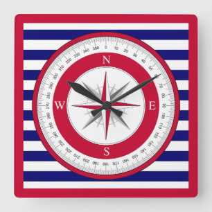 Reloj Cuadrado Rosa de brújula roja franja azul y blanca