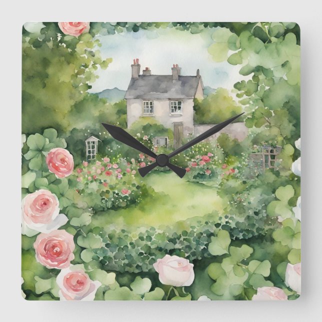 Reloj Cuadrado Rosa de cabaña irlandés de acuarela estética (Anverso)