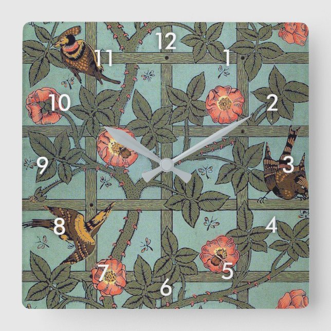 Reloj Cuadrado Rosa de escalada y pequeño pájaro, William Morris (Anverso)