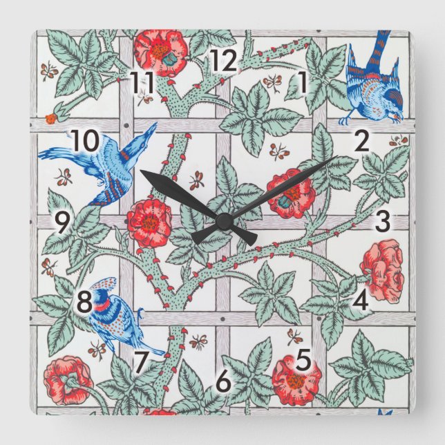 Reloj Cuadrado Rosa de escalada y pequeño pájaro, William Morris (Anverso)