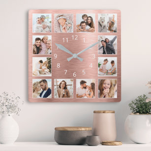 Reloj Cuadrado Rosa de fotografía familiar personalizado con eleg