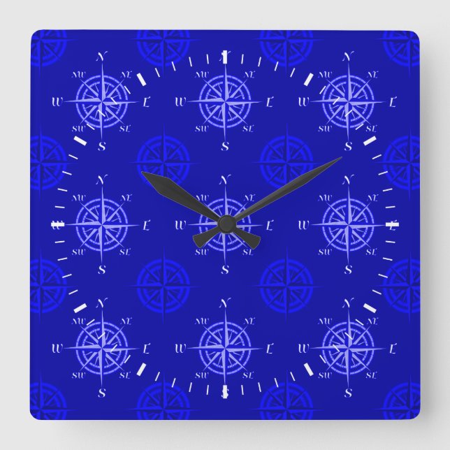 Reloj Cuadrado Rosa de la brújula azul del océano (Anverso)