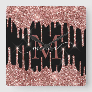 Reloj Cuadrado Rosa Dorado Brillo Gotea Negro Monograma Personali
