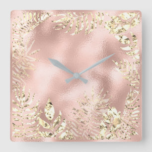 Reloj Cuadrado Rosa metalizado floral de las hojas tropicales del