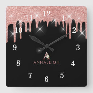 Reloj Cuadrado Rosa Oro Rubor Purpurina Rosado Drin Floral Monogr