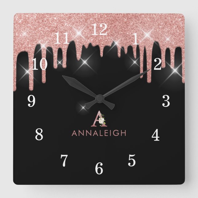 Reloj Cuadrado Rosa Oro Rubor Purpurina Rosado Drin Floral Monogr (Anverso)