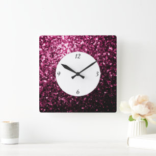 Reloj Cuadrado Rosa oscuro brillo falso brillante con números