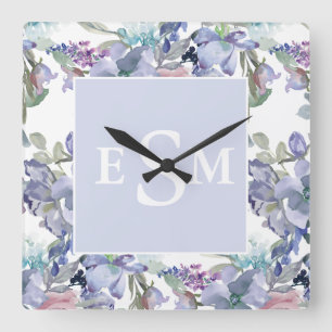 Reloj Cuadrado Rosa Pastel Monograma Floral Azul Polvo Púrpura 