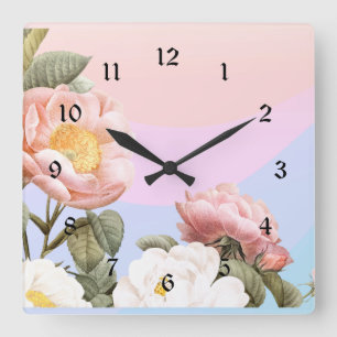 Reloj Cuadrado rosa pastel y rosas blancas