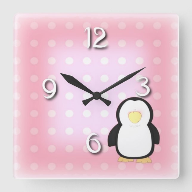Reloj Cuadrado Rosa pingüino (Anverso)